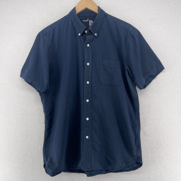MUJI Shirt Mens XL Washed Oxford Cotton Button Down Short Sleeve Blue - Picture 1 of 13